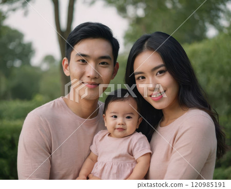 Happy family portrait featuring parents and a baby, with warm smiles, in an outdoor and indoor setting, embracing love and togetherness 120985191