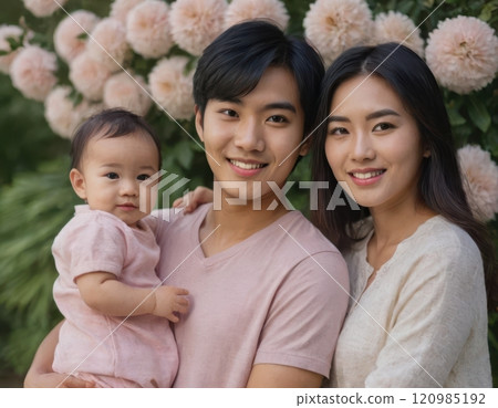 Happy family portrait featuring parents and a baby, with warm smiles, in an outdoor and indoor setting, embracing love and togetherness 120985192
