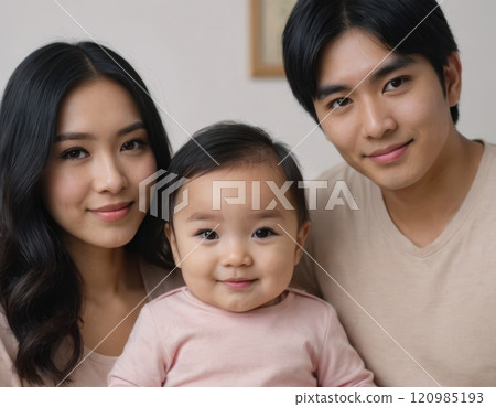 Happy family portrait featuring parents and a baby, with warm smiles, in an outdoor and indoor setting, embracing love and togetherness 120985193