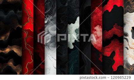 Collection of abstract red and black patterns with bold, dynamic designs, perfect for creative backgrounds and artistic projects 120985229