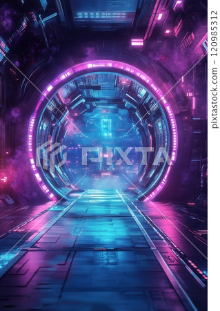 Collection of futuristic portal visuals with glowing neon lights, sci-fi aesthetics, and surreal atmospheres for creative projects 120985312