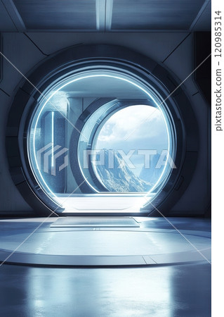 Collection of futuristic portal visuals with glowing neon lights, sci-fi aesthetics, and surreal atmospheres for creative projects 120985314