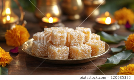 Square sesame and jaggery sweets tilgul arranged on brass plate, marigold flowers. Makar Sankranti 120985353
