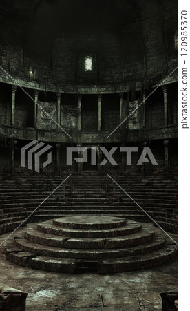 Epic ancient arena for battles, featuring dramatic lighting, stone architecture, and a cinematic gladiatorial atmosphere 120985370