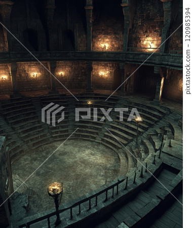 Epic ancient arena for battles, featuring dramatic lighting, stone architecture, and a cinematic gladiatorial atmosphere 120985394