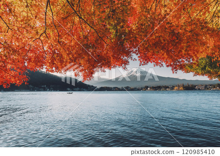 Autumn foliage and Mt. Fuji seen from Lake Kawaguchi, one of the Fuji Five Lakes in Kawaguchiko Town, Yamanashi Prefecture, 120985410