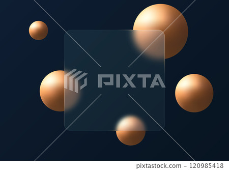 Transparent frosted glass banner with golden spheres on dark background. Landing page design template. 120985418