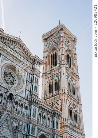 Cathedral Santa Maria del Fiore in Tuscany, Florence, Italy. Concept of travel, tourism and vacation in city. Architecture and landmark of Florence. 120985421