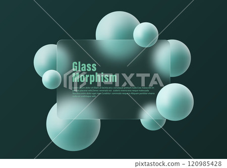 Glass morphism design with frosted glass partition and floating spheres on a dark background. Glass morphism design with frosted glass partition and floating spheres on a dark background. 120985428