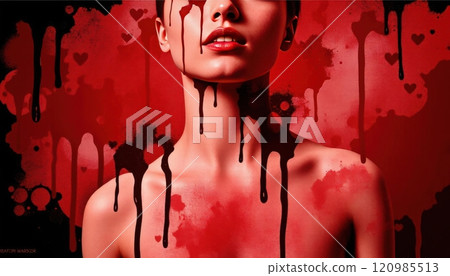 Collection of dramatic crime scene visuals with blood splatters, silhouettes, and eerie red tones for thriller or horror themes 120985513