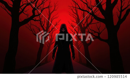 Collection of dramatic crime scene visuals with blood splatters, silhouettes, and eerie red tones for thriller or horror themes 120985514
