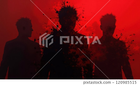 Collection of dramatic crime scene visuals with blood splatters, silhouettes, and eerie red tones for thriller or horror themes Collection of dramatic crime scene visuals with blood splatters, silhouettes, and eerie red tones for thriller or horror themes 120985515