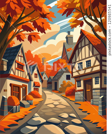 A Picturesque Autumn Street in a European Provincial Cottage Neighborhood 120985541