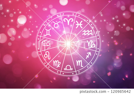 Zodiac signs inside of horoscope circle. Astrology in the sky with many stars and moons astrology and horoscopes concept Zodiac signs inside of horoscope circle. Astrology in the sky with many stars and moons astrology and horoscopes concept 120985642