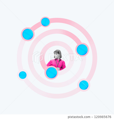 Contemporary art collage. Doctor surrounded by blue pill-like orbs in circular pattern, symbolizing connectivity and focus in pharmaceutical context. Contemporary art collage. Doctor surrounded by blue pill-like orbs in circular pattern, symbolizing connectivity and focus in pharmaceutical context. 120985676