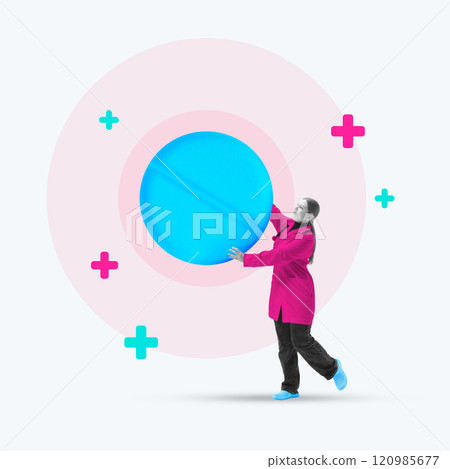 Contemporary art collage. Figure interacts with giant glowing blue circle, merging playful design with theme of exploration and balance in medical science. 120985677