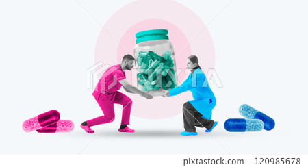 Contemporary art collage. Two people collaborate to lift jar filled with capsules, portraying teamwork and collective responsibility in managing healthcare. Contemporary art collage. Two people collaborate to lift jar filled with capsules, portraying teamwork and collective responsibility in managing healthcare. 120985678