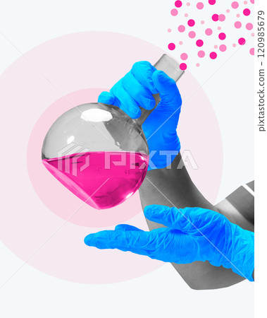 Contemporary art collage. Gloved hands hold flask of pink liquid, releasing bubbles, capturing precision and creativity of scientific discovery. 120985679