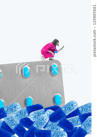 Contemporary art collage. Woman crouches on blister pack, magnifying pill while surrounded by scattered capsules, visualizing curiosity in pharmaceutical exploration. Contemporary art collage. Woman crouches on blister pack, magnifying pill while surrounded by scattered capsules, visualizing curiosity in pharmaceutical exploration. 120985681