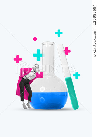 Contemporary art collage. Stylish figure leans on beaker filled with blue liquid, surrounded by test tubes and medical icons, blending science and fashion in surreal setting. Contemporary art collage. Stylish figure leans on beaker filled with blue liquid, surrounded by test tubes and medical icons, blending science and fashion in surreal setting. 120985684