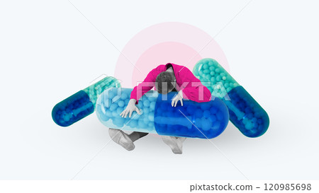 Contemporary art collage. Man slumps over oversized blue capsule, surrounded by others, creating striking image of reliance or exhaustion in pharmaceutical context. Contemporary art collage. Man slumps over oversized blue capsule, surrounded by others, creating striking image of reliance or exhaustion in pharmaceutical context. 120985698