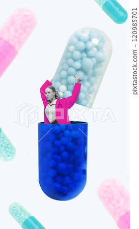 Contemporary art collage. Woman emerges from within giant pill capsule, lifting its top half, as escape or discovery in world of medication. 120985701
