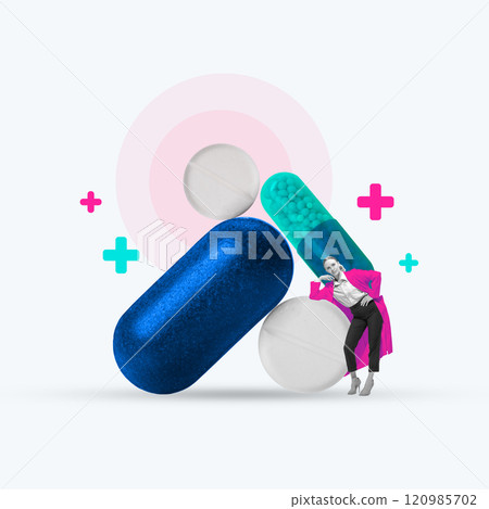 Contemporary art collage. Woman leans casually against enlarged pills, blending fashion and healthcare in quirky and surreal composition. 120985702