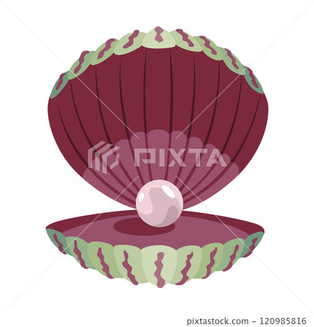 Pearl in seashell. Open seashell scallop and pearl shell icon. Beautiful pearl in clam shell in cartoon flat style. Vector illustration isolated on white background 120985816