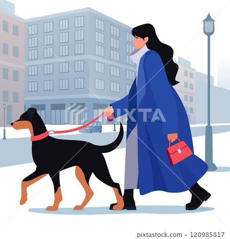 A clean and minimalist flat vector illustration of a stylish woman walking her dog. 120985817