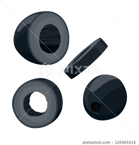 Olives black fruits. Vegan organic natural product. Vector drawing plant isolated on white background 120985818