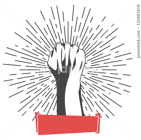 Rised fist hand gesture emblem. Vector hand clenched into fist and rising up, symbol isolated on white background. Power sign. Human hand up in the air 120985819