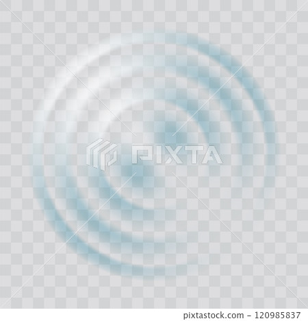 Water ripple effect top view. Realistic caustic drop or sound wave splash effect, concentric circles in puddle. Vector round wave surface on transparent background 120985837