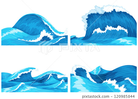 Ocean waves. Four scenes of blue sea or ocean waves with spray, foam on crest. Splash water, marine sea storm element, vector illustration 120985844