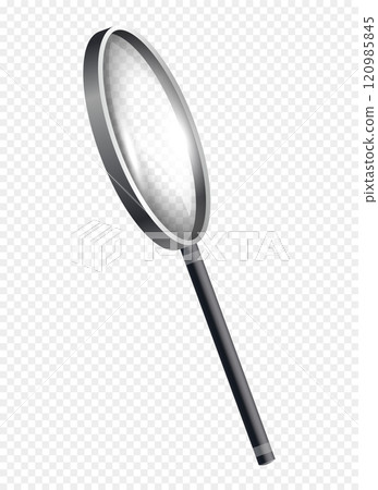 Magnifiying glass. Loupe for investigations and researching. Zoom equipment on copy space. Realistic isometric vector isolated on transparent background 120985845