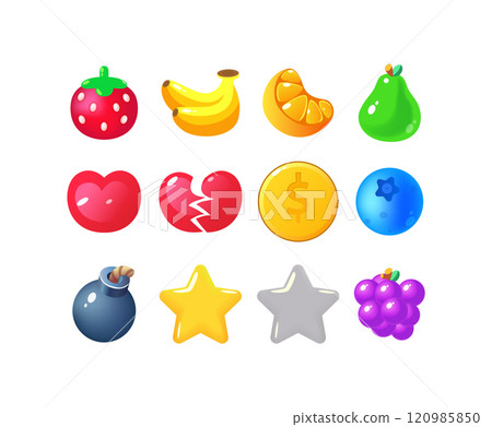 Game UI icons. Mobile application or game interface elements. Cartoon colorful design. Stickers or labels for user interface 120985850