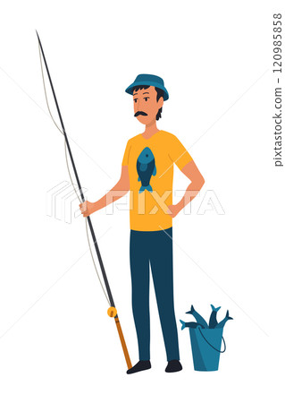 Cartoon men fishing. Male fishermen character with fishing rods on lake, summer catching process, men hobby recreation, leisure time, vector 120985858