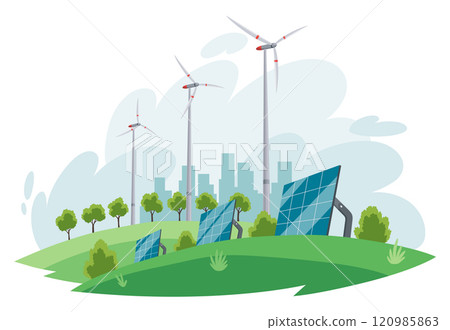 Clean electric energy concept. Renewable electricity resource from solar panels and wind turbines. Ecological change of the future. City skyline and nature landscape on background Clean electric energy concept. Renewable electricity resource from solar panels and wind turbines. Ecological change of the future. City skyline and nature landscape on background 120985863