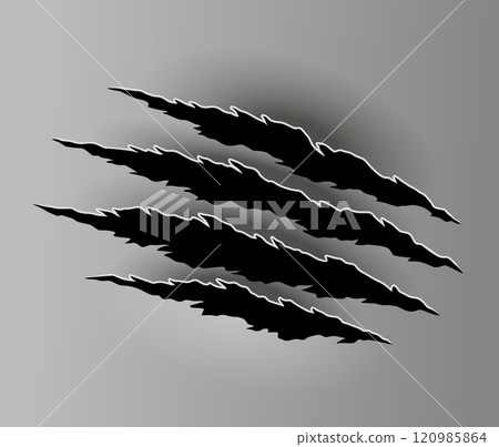 Bear or tiger claw mark. Scratches and torn traces of vector animal paw slashes. Hole in sheet of paper with torn edges. Vector illustration 120985864