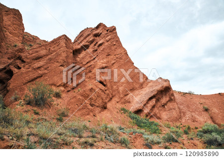 Travel destination Konorchek canyon, sheer cliffs subject to erosion, Kyrgyzstan 120985890