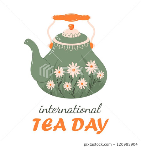 International tea day banner in flat style. Design for poster, card for social media, networks. Green teapot with daisy. International tea day banner in flat style. Design for poster, card for social media, networks. Green teapot with daisy. 120985904
