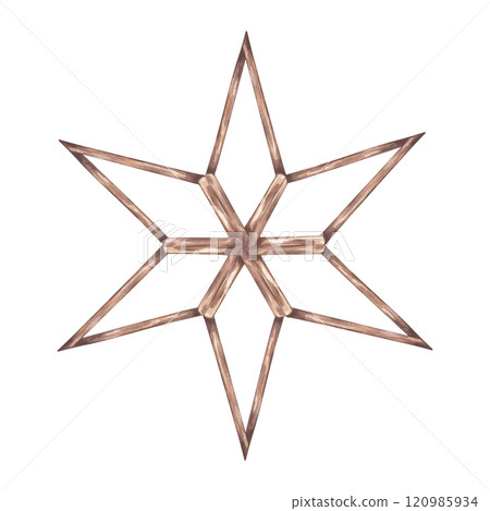 Wooden six-pointed star, home christmas rustic decoration. Painted aquarelle artwork. Scandinavian style accessory. Hand draw watercolor illustration isolated background. For holiday, new year, xmas. 120985934