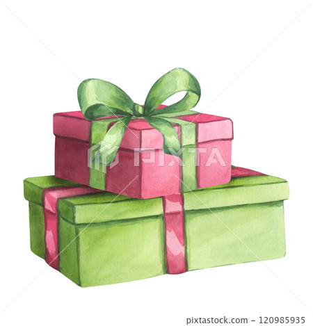 Red green gift boxes with ribbon and bow. Present for Christmas, New year, Birthday party. Hand drawn watercolor illustration isolated on white background. For postcard, invitation, congratulation Red green gift boxes with ribbon and bow. Present for Christmas, New year, Birthday party. Hand drawn watercolor illustration isolated on white background. For postcard, invitation, congratulation 120985935