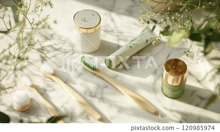 Aesthetic flat lay of natural skincare and oral hygiene products, beautifully arranged 120985974