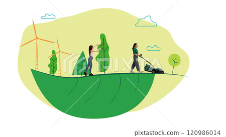 Women working together on green hill with wind turbines, symbolizing the harmony of nature conservation and renewable energy practices. Conceptual art collage. 120986014