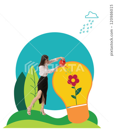 Woman watering flower inside light bulb, symbolizing innovation and growth of sustainable ideas for greener future. Conceptual art collage. 120986015