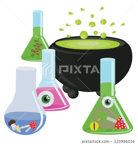 Glass flask with a witchs potion. Vector illustration on white background. Glass flask with a witchs potion. Vector illustration on white background. 120986016