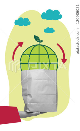 Hand holding paper bag with globe and recycling arrows, promoting use of eco-friendly packaging to reduce waste and environmental impact. Conceptual art collage. Hand holding paper bag with globe and recycling arrows, promoting use of eco-friendly packaging to reduce waste and environmental impact. Conceptual art collage. 120986021