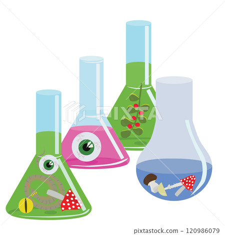 Glass flask with a witchs potion. Vector illustration isolated on white background. 120986079
