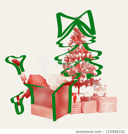 Creative illustration. Little gift diving into gift box under decorated Christmas tree, with decorative green hand drawn outlines. 120986102