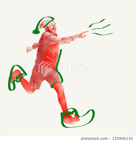 Creative illustration. Cheerful Elf with hand drawn doodle of hat and boots, running joyfully, outlined with green festive accents. Creative illustration. Cheerful Elf with hand drawn doodle of hat and boots, running joyfully, outlined with green festive accents. 120986110